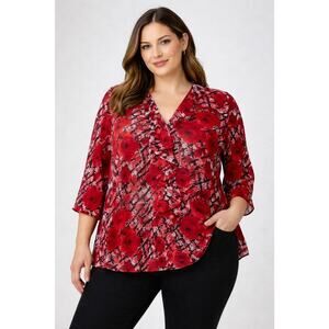 JM Collection 3/4 Sleeve Button Up Blouse Top 16W Red Floral Roses Dark Romantic